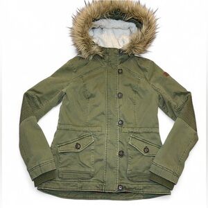 Vintage Hollister Jacket Coat Fur Sherpa Y2K Hood Fitted Army Green Women’s M
